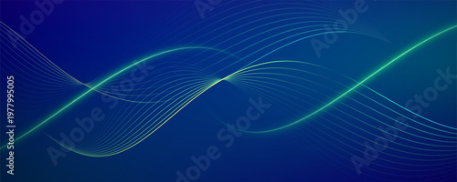 Glowing lime and blue digital waves on dark navy background