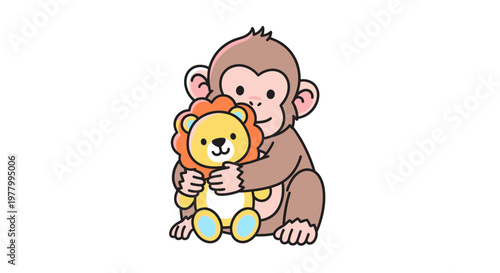 Cute Monkey Hugging a Stuffed Lion Toy