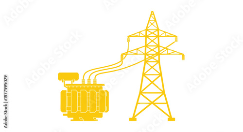 Electrical transformer connected to high voltage pylon, power distribution, yellow illustration