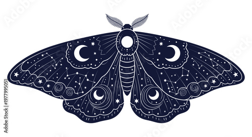 Mystic Moth with Celestial Moon and Star Constellation Design