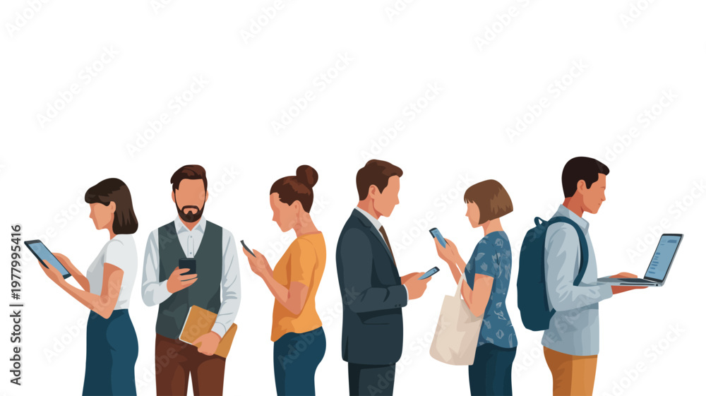 Obraz premium A line of diverse people stands, each focused on personal mobile devices, including phones and a laptop
