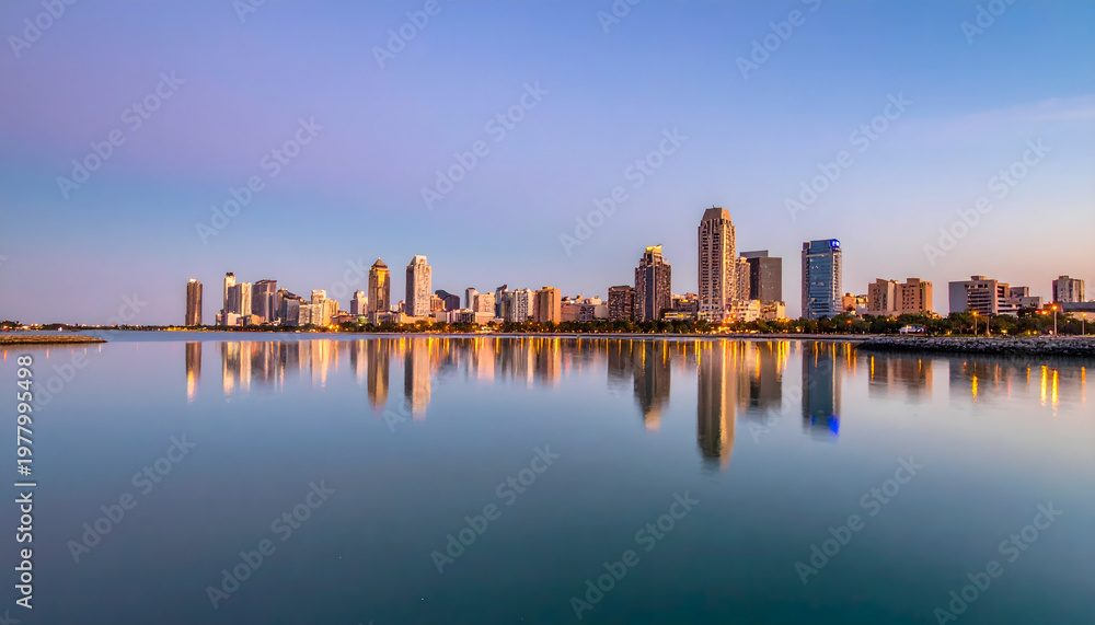 Obraz premium City skyline reflected in calm water at sunset or sunrise