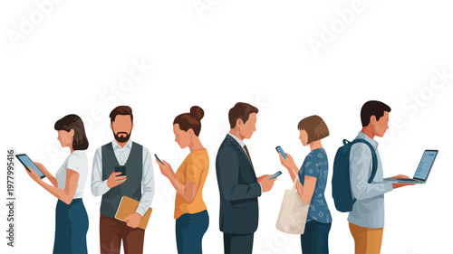 A line of diverse people stands, each focused on personal mobile devices, including phones and a laptop