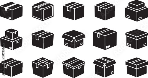 Collection of black cardboard boxes in various orientations and sizes