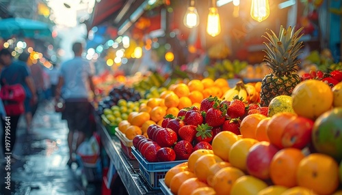 Vibrant Fruit Stall at a Bustling Outdoor Market.