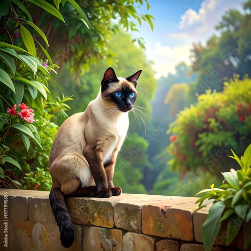 A serene cat sitting on a stone wall in a lush garden