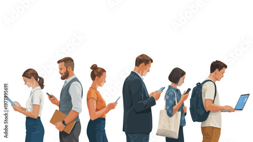 A line of six diverse people concentrating on their handheld digital devices and a laptop computer