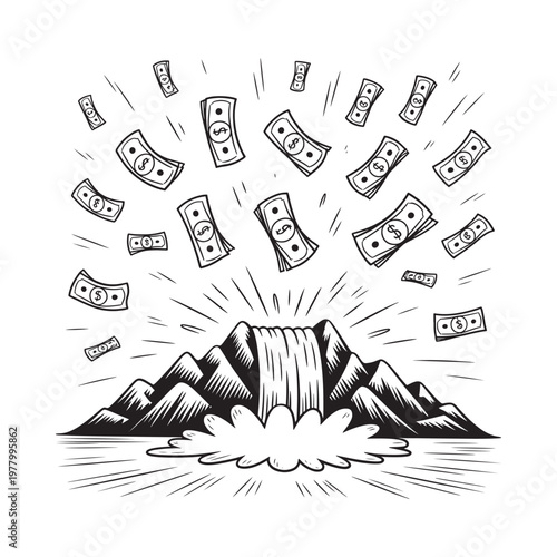 Money erupts from a volcano cascading down into the ocean
