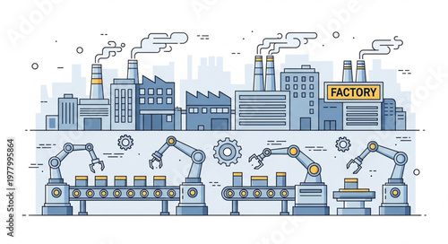 Modern factory with automated robotic arms on assembly line.