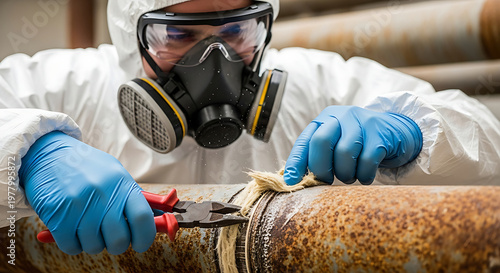asbestos removal worker in hazmat suit carefully extracting hazardous materials from rusty pipes emphasizing safety