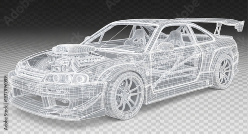 Wireframe Rendering of a Sports Car with Spoiler.