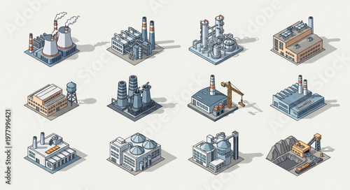 Collection of isometric industrial factory buildings and structures.