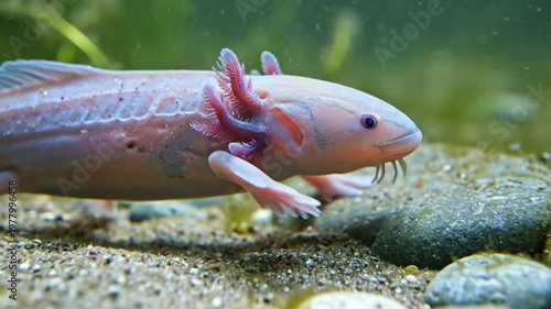 Axolotl Gliding Through Freshwater Habitat, Macro View