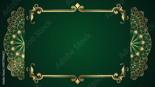 Animated green background gold mandala with ornamental border frame