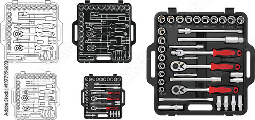 Detailed flat vector illustration set of a professional socket wrench toolkit in various styles including line art and solid colors.