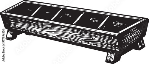 Vintage Wooden Livestock Feeder Engraving Illustration, Farm Feeding Trough in Woodcut Style