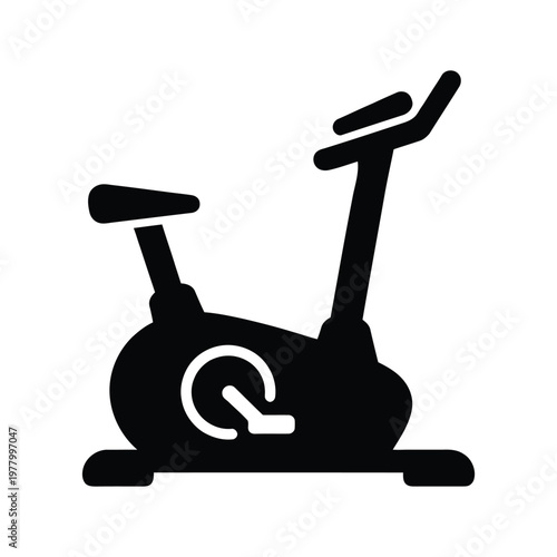 Black stationary exercise bike icon isolated on a white background for fitness and gym apps.