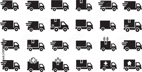 Collection of various delivery truck icons in black and white