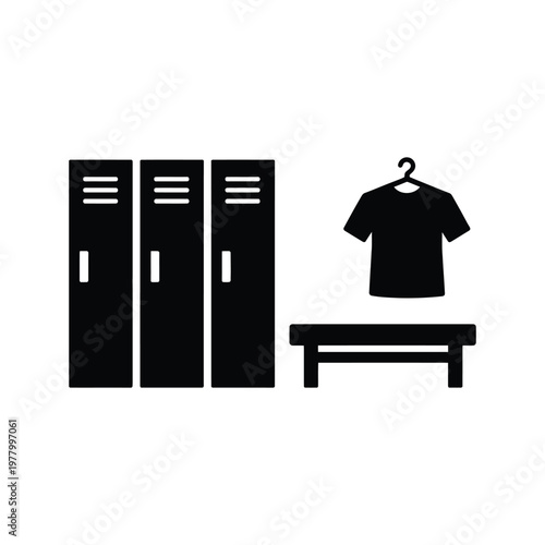 Black and white locker room icon with three metal lockers a bench and a shirt