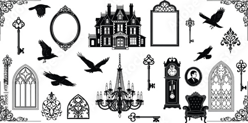 Set of Vintage Gothic Icons and Elements Featuring Mansion, Keys, Ravens, Frames, and Ornate Decorations
