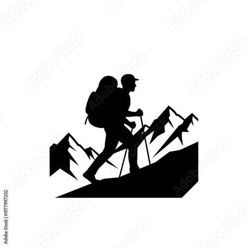 Silhouette of a Hiker Ascending a Mountain Peak with Trekking Poles.