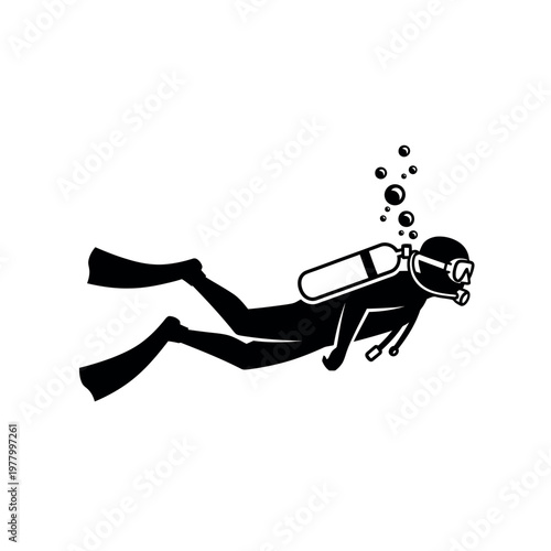 Silhouette of a Scuba Diver Underwater with Bubbles.