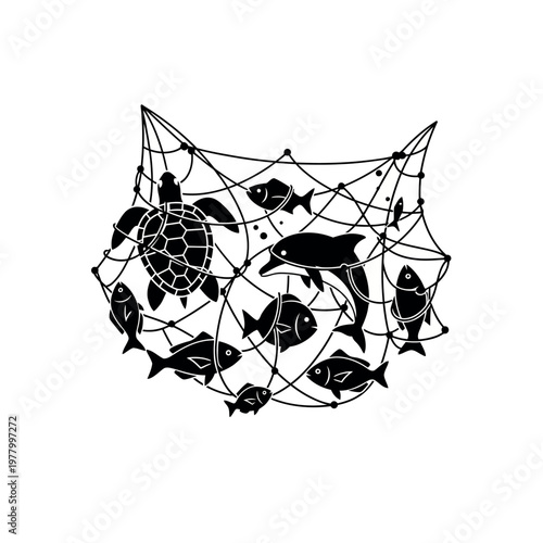 Silhouette of a sea turtle and dolphin caught in a fishing net with fish.