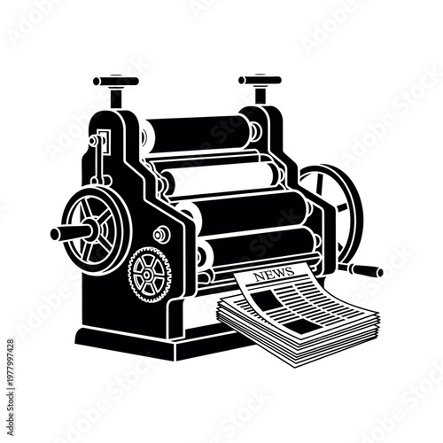 Vintage Printing Press Machine with Stack of Newspapers.