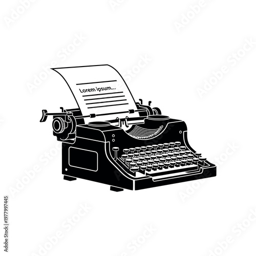 Vintage Typewriter with Paper Black and White Illustration.