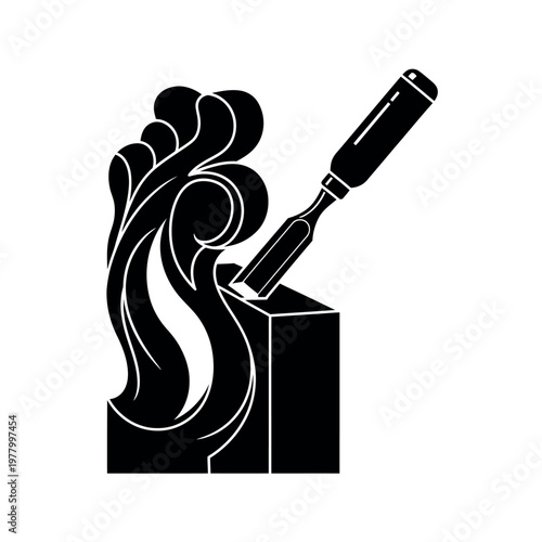 Wood carving with chisel detailed illustration.