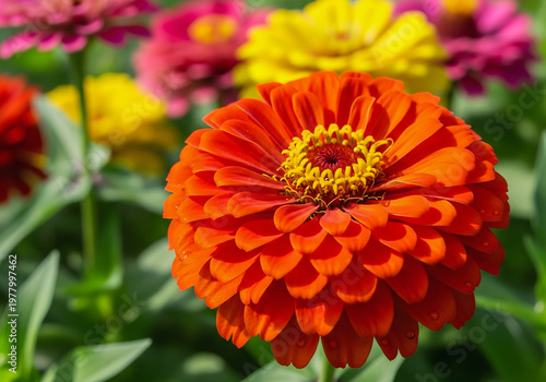 Close-Up Detailed Vibrant Orange Zinnia in Garden Flower Portrait