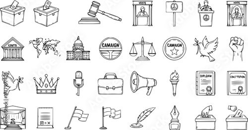 Political Doodle Set: Voting, Justice  Election Icons - Black  White Vector Elements for Microstock