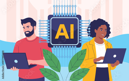 A man and woman operate laptops, embracing artificial intelligence with an AI chip and green leaves