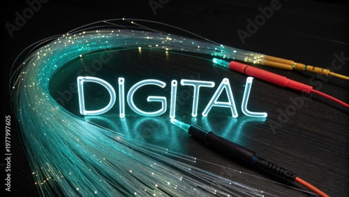 Illuminated Fiber Optic Cables Forming the Word Digital Representing Modern Technology and Communication Innovations