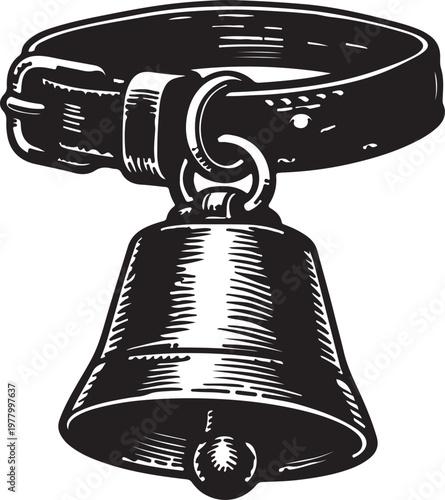 Vintage Cow Bell Engraving Illustration, Farm Animal Collar Bell in Retro Woodcut Style