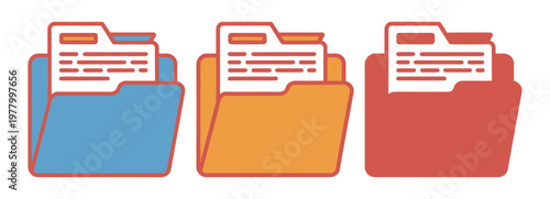 Different folder icon set, opened and closed folders, flat document and paper file icons, vector illustration isolated on white background, EPS 10 clean design.