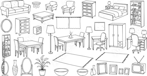 Black and White Line Art Home Furniture  Interior Decor Set. Hand-drawn outline sketch collection of household items, accessories, and domestic design elements for home and living concepts.