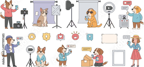 Collection of cute dog characters as social media influencers and content creators using smartphones cameras and ring lights for vlogging and digital marketing vector illustration set.