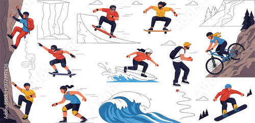 Collection of extreme sports people characters climbing surfing skateboarding mountain biking and snowboarding flat vector illustration set for outdoor adventure and active lifestyle concept.