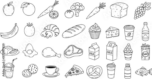 Food Doodle Set: Hand-Drawn Vector Icons of Healthy and Unhealthy Eating
