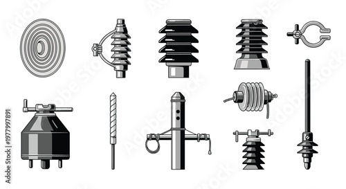 This technical illustration showcases a variety of high-voltage electrical power line insulators and porcelain components rendered in a precise grayscale color palette.