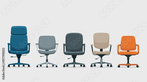 A neatly arranged row of five diverse modern office chairs in various colors and styles on a light background