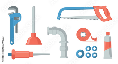 Comprehensive set of essential plumbing tools including a pipe wrench and plunger are displayed neatly for home maintenance and professional repair services.