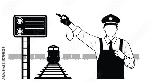 A dedicated railway conductor wearing a formal uniform signals with a whistle as a heavy freight train approaches along tracks in a minimalist black and white style.