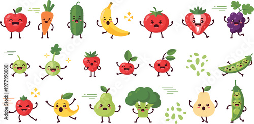 Cute Fruit and Vegetable Character Set Featuring Apples, Carrots, Bananas, Broccoli, Peas, and More for Fun and Healthy Designs
