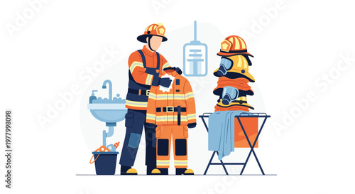 A dedicated firefighter wearing a protective orange uniform carefully cleans his gear at a station sink next to a stack of helmets in a bright and clean environment.
