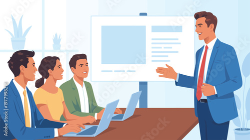 A professional male speaker engages three attentive business colleagues during an important corporate presentation