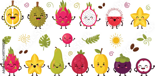Cute Tropical Fruit Character Set Featuring Durian, Dragonfruit, Starfruit, and More for Fun and Healthy Designs