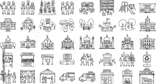 Community and Local Life Black and White Line Art Icons. Hand-drawn Sketch Set featuring Buildings, People, and Services for Neighborhood, Social Issues, and Public Spaces Vector Collection.
