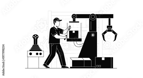 A skilled industrial operator manages a powerful robotic arm within a modern manufacturing facility rendered in a stark high-contrast black and white graphic style.